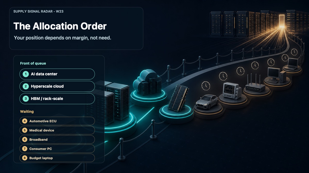 Semiconductor memory allocation queue showing AI data center, hyperscale cloud, and HBM rack-scale demand ahead of automotive, medical, broadband, consumer PC, and budget laptop buyers.