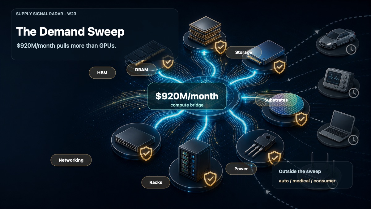 AI compute deal graphic showing a $920M per month demand sweep reserving HBM, DRAM, storage, substrates, power, racks, and networking components.