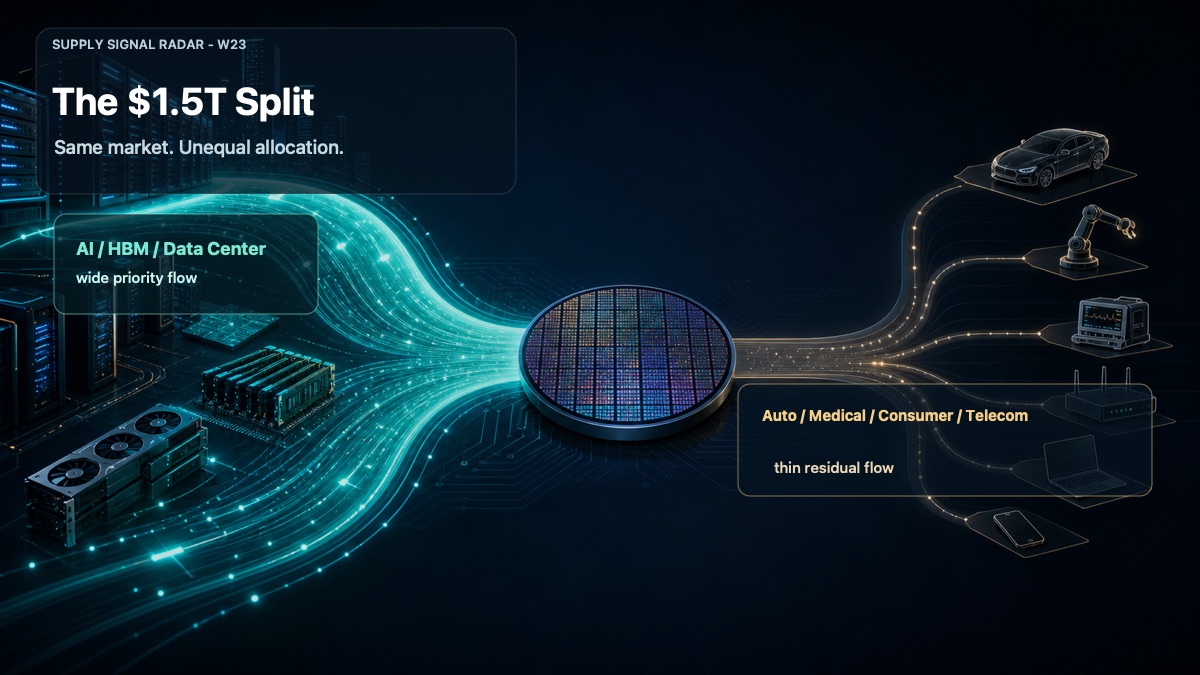 Memory wafer graphic splitting semiconductor supply into a wide AI and HBM data-center flow and a narrower auto, medical, consumer, and telecom flow.