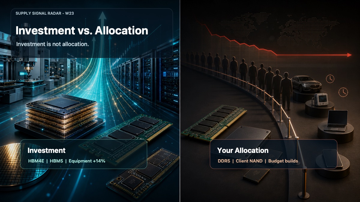 Split-screen semiconductor graphic contrasting HBM and equipment investment growth with constrained DDR5, client NAND, and budget-device allocation.